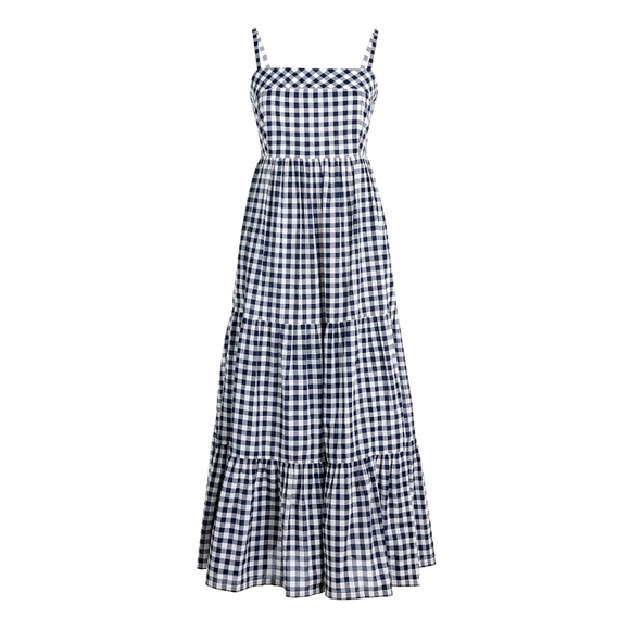 🆕️ J Crew Navy Gingham Cotton Maxi Tiered Dress - Picture 2 of 8